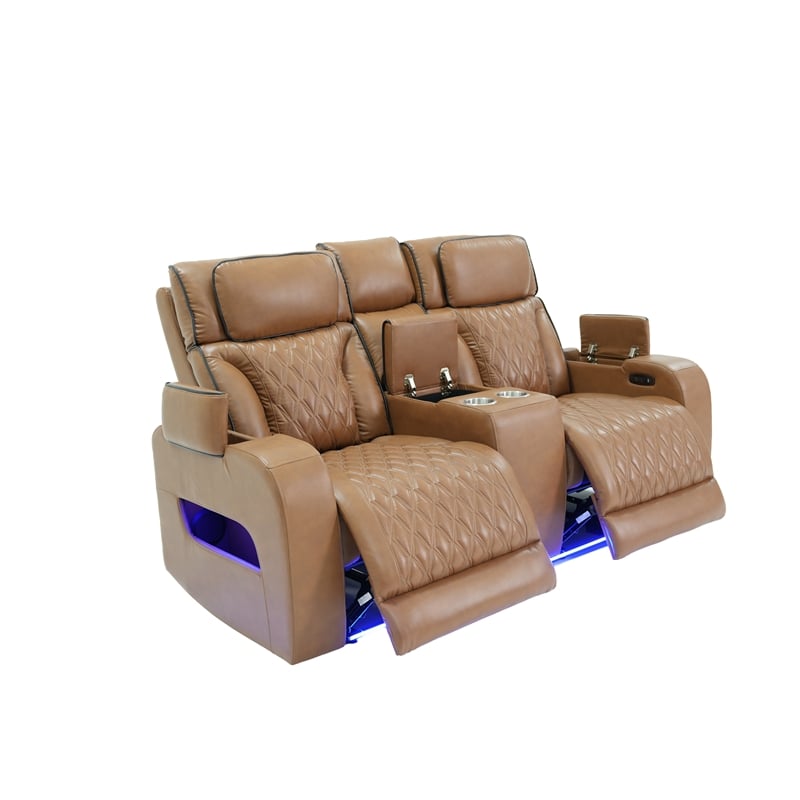 Jazz Lt Brown Faux Leather Pwr Recl. 3PC Set+BT Spkrs+LED+Wrls Chrg+USB+Cuphldrs