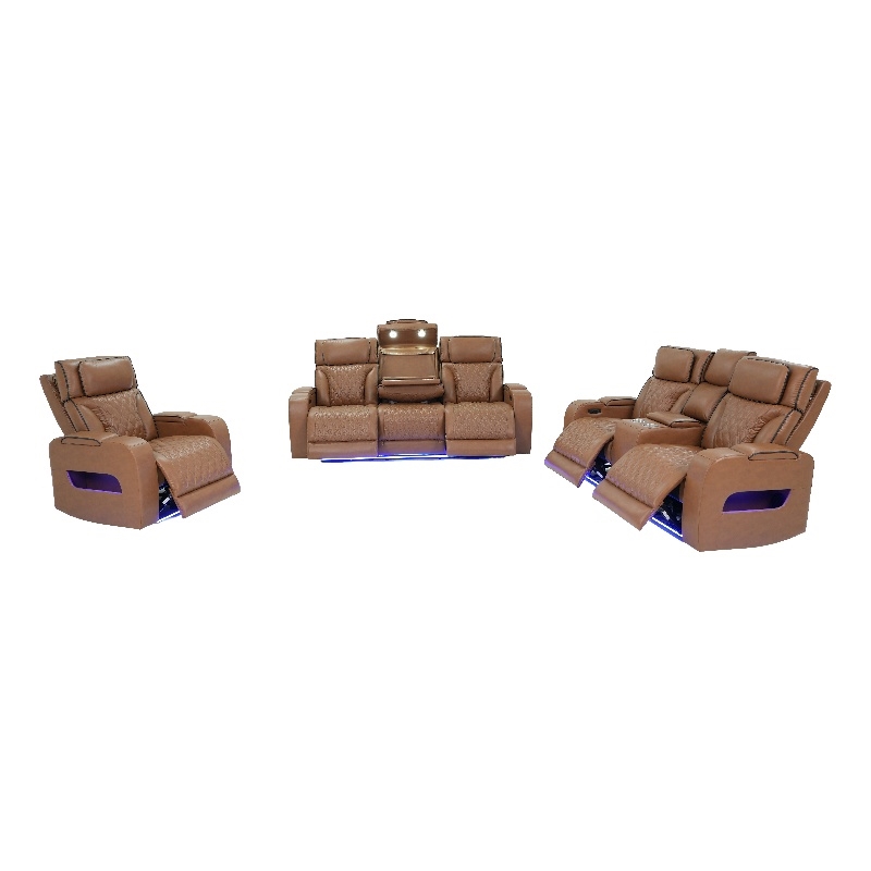 Jazz Lt Brown Faux Leather Pwr Recl. 3PC Set+BT Spkrs+LED+Wrls Chrg+USB+Cuphldrs