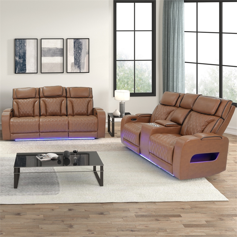 Jazz Lt Brown Faux Leather Pwr Recl.Sofa Set+BT Spkrs+LED+Wrls Chrg+USB+Cuphldrs