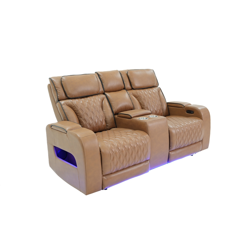 Jazz Lt Brown Faux Leather Pwr Recl.Sofa Set+BT Spkrs+LED+Wrls Chrg+USB+Cuphldrs