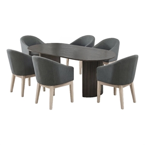 Valencia 7Pc 80&quot Oval Gray Oak Wood Fin Dng Set w/Dual Pedestal Base+Barrel Chrs