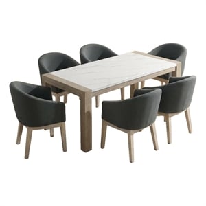 Tabitha 7Pc 66&quot Rect White Faux Marble Top Dining Set in Lt Oak Wood Fin+6 Chrs