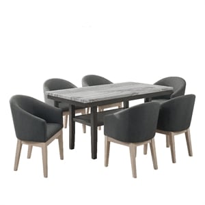 Selena 7Pc 60&quot Gray Faux Marble Wood Dining Set-Rect Table w/6 Barrel Chairs