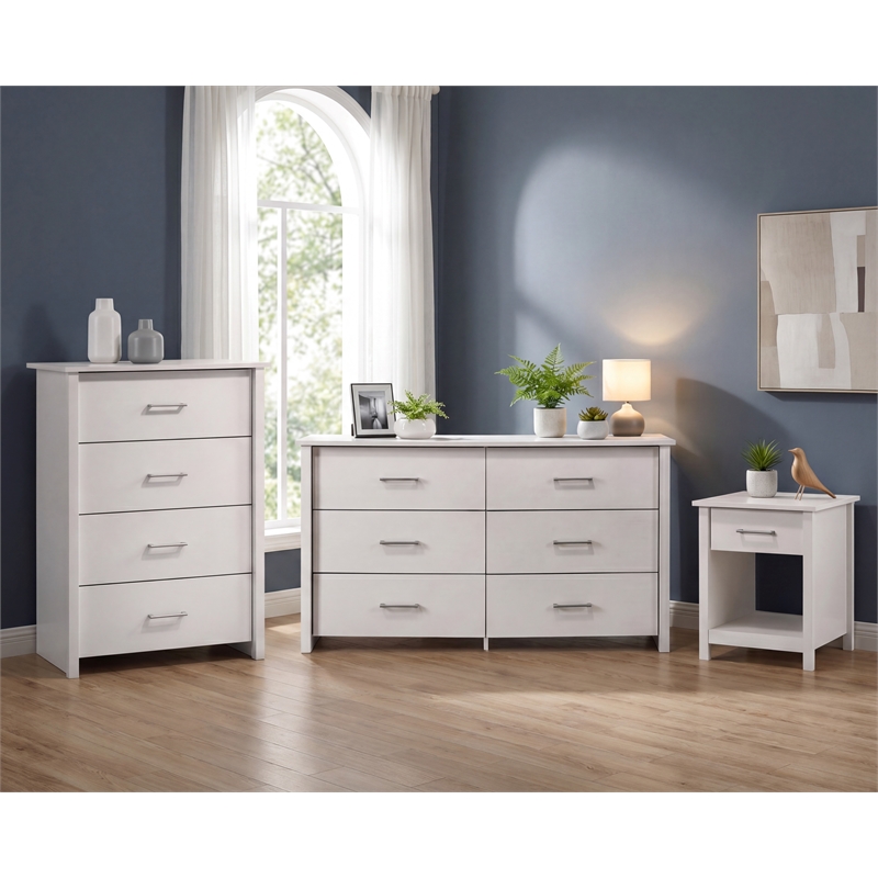 Celeste 3 pc White Engineered Wood Dresser Chest Nighstand Bedroom Set