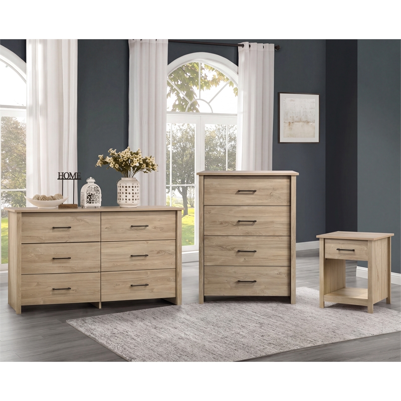 Celeste 3 pc Light Oak Engineered Wood Dresser Chest Nighstand Bedroom Set