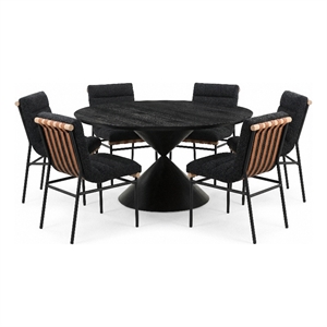 Haven 7Pc 59&quot Rd Ebony Black Wood Hourglass Pedestal Dining Set+Blk Boucle Chrs
