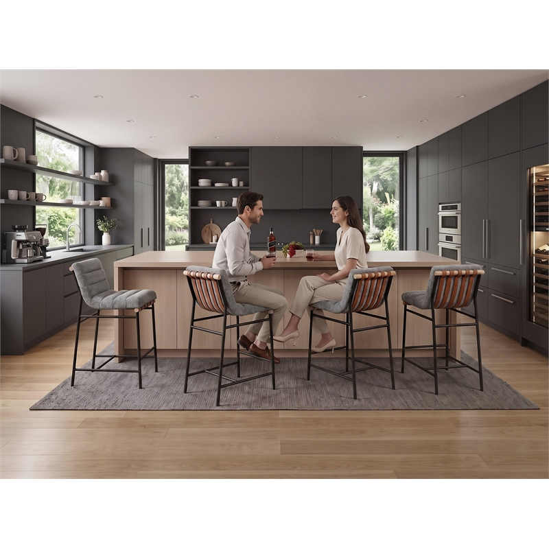 Lahni Set of 4 Gray Boucle 26-inch Counter Stools with Iron Legs