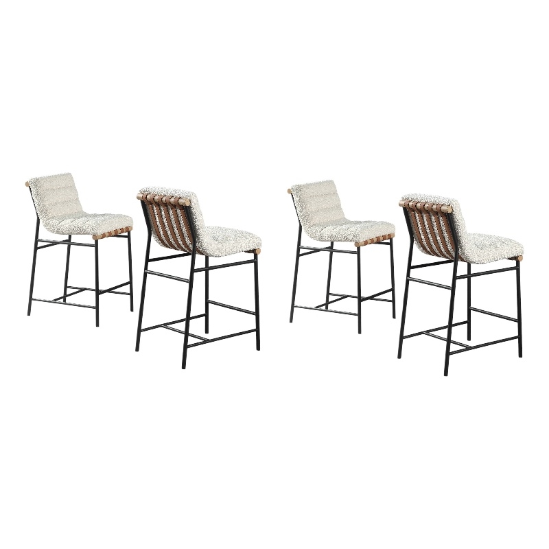 Lahni Set of 4 White Boucle 26-inch Counter Stools with Iron Legs