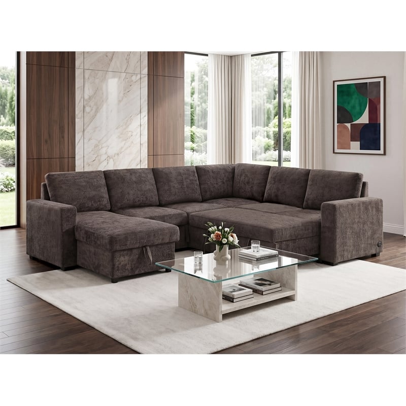Esmeralda 122-inch Chocolate Chenille Modular Sleeper Sectional Sofa