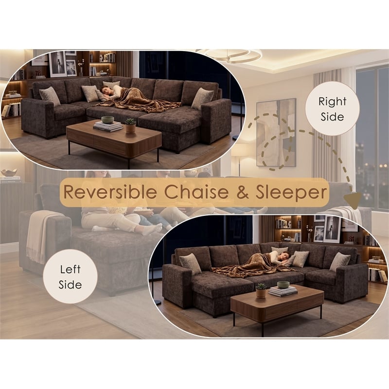 Esmeralda 122-inch Chocolate Chenille Modular Sleeper Sectional Sofa