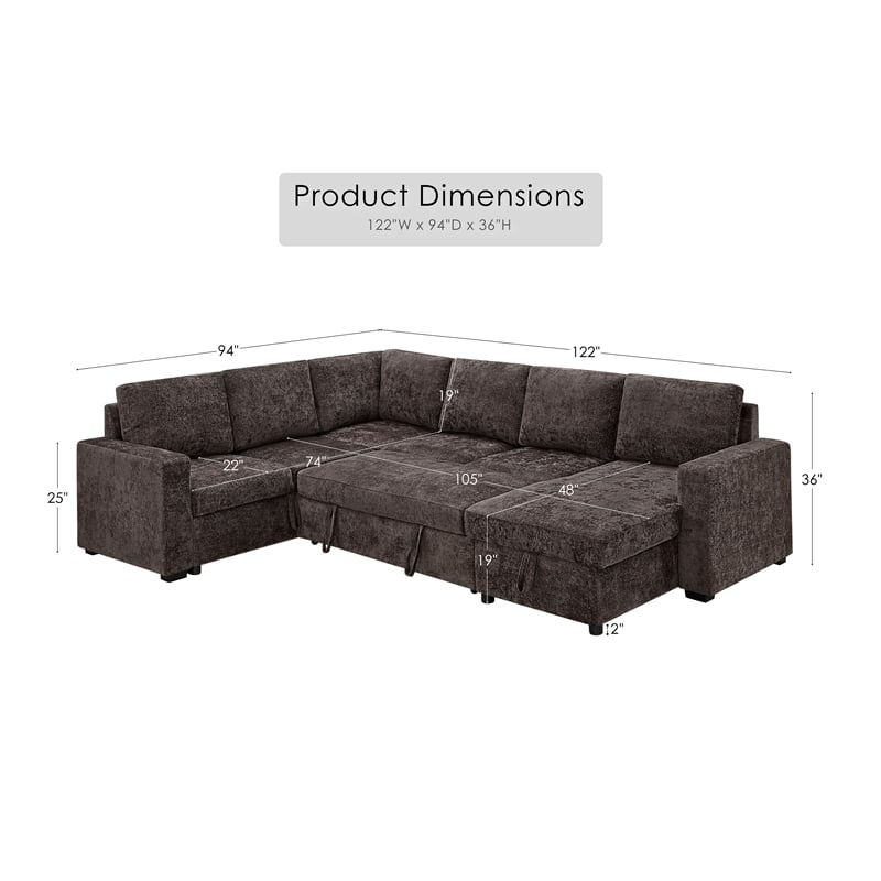 Esmeralda 122-inch Chocolate Chenille Modular Sleeper Sectional Sofa