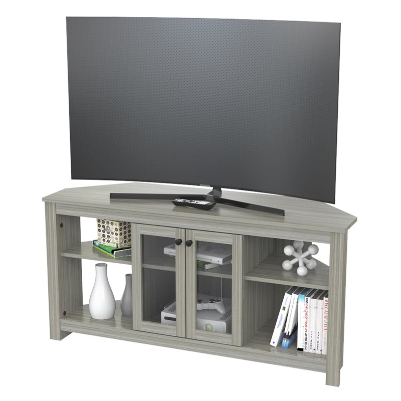 Inval Corner Tv Stand With Glass Doors In Smoke Oak