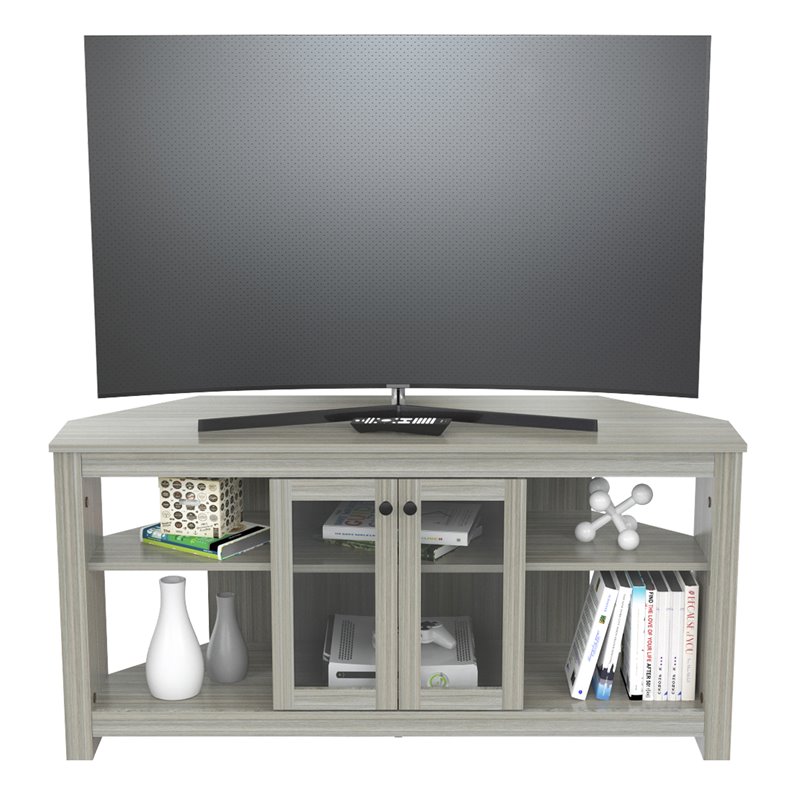Inval Corner TV Stand with Glass Doors in Smoke Oak Engineered Wood