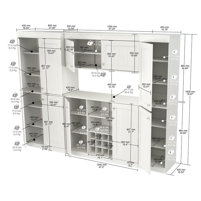 Inval Shaker Style 4 Piece Buffet and Pantry Set in Washed Oak