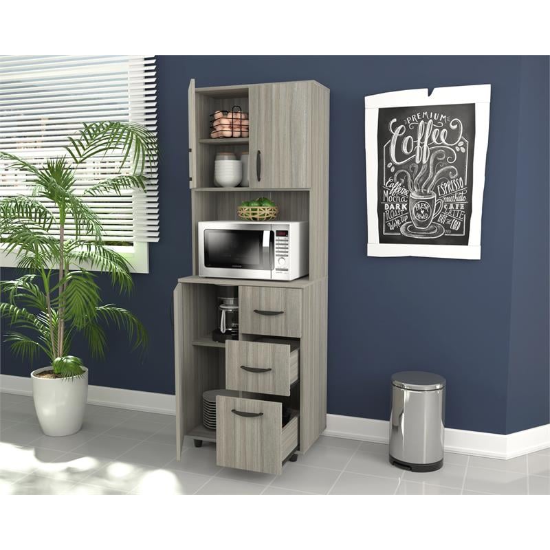 Inval 3 Drawer 4 Shelf Kitchen Microwave Storage Cabinet in Gray Smoke Oak Homesquare