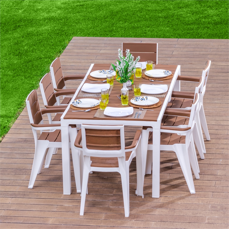 Inval Madeira 8Seat Patio Dining Table and Armchair Set in White/Teak