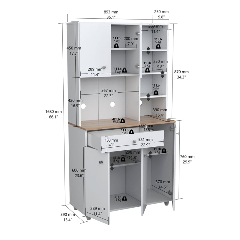 Inval 35.1 in. W x 66.1 in. H x 15.5 in. D Microwave Storage Utility Cabinet in White and Maple with 5 Doors and 10 shelves