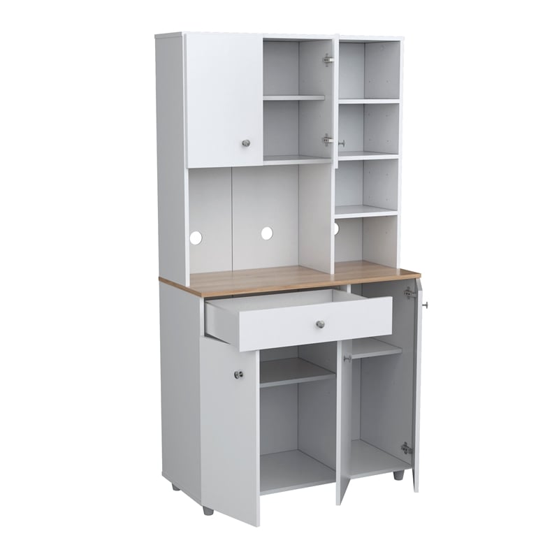 Inval 35.1 in. W x 66.1 in. H x 15.5 in. D Microwave Storage Utility Cabinet in White and Maple with 5 Doors and 10 shelves