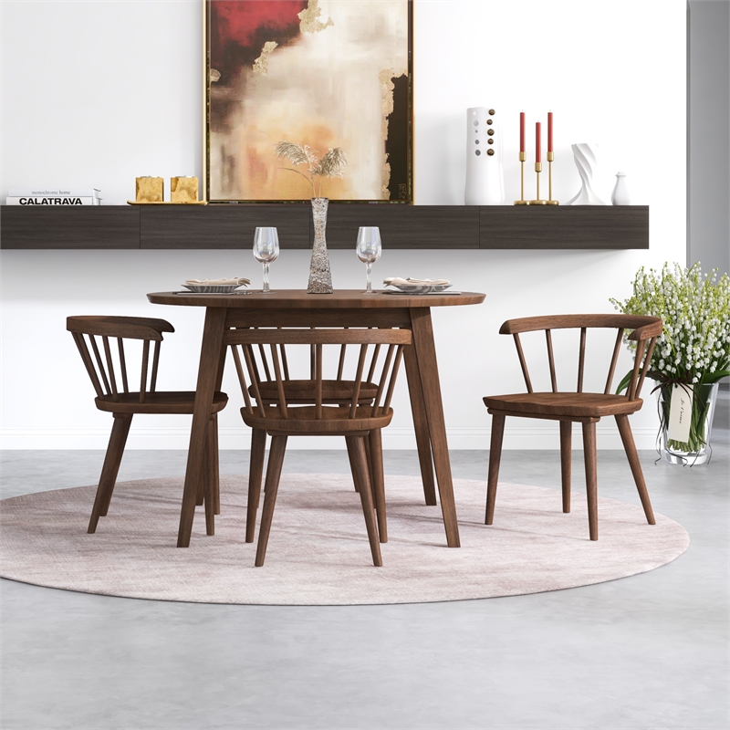 Elora Mid-Century Dining Set Solid Wood Table and Chairs in Brown