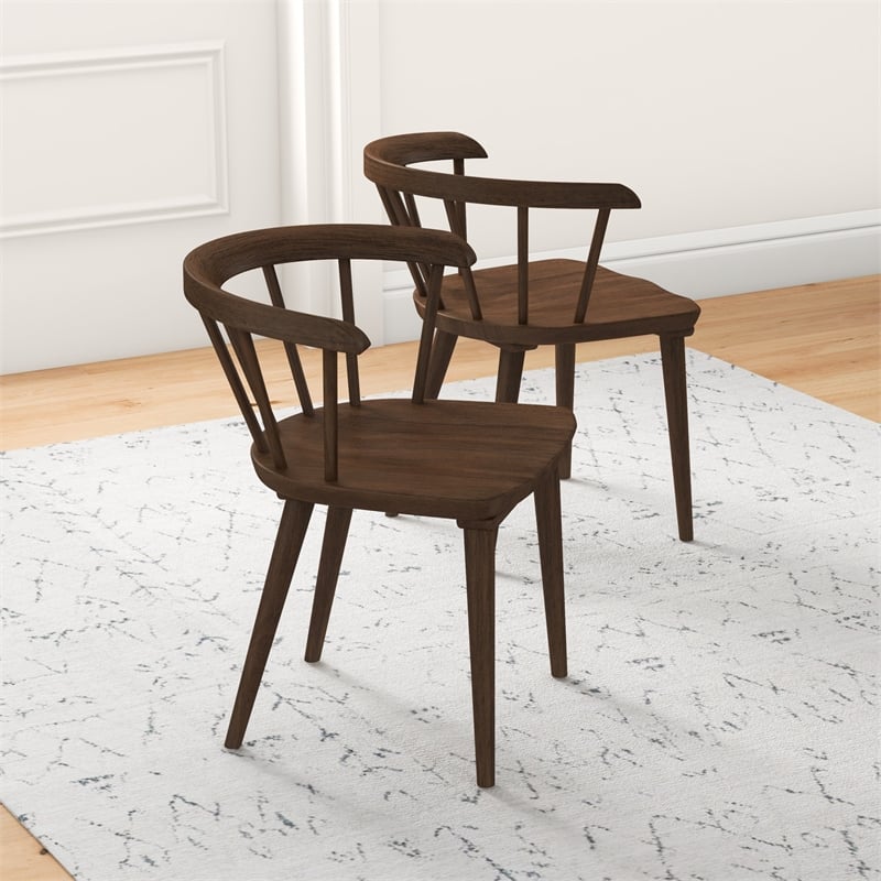 Riley Mid-Century Modern Solid Wood Dining Chair in Brown (Set of 2)