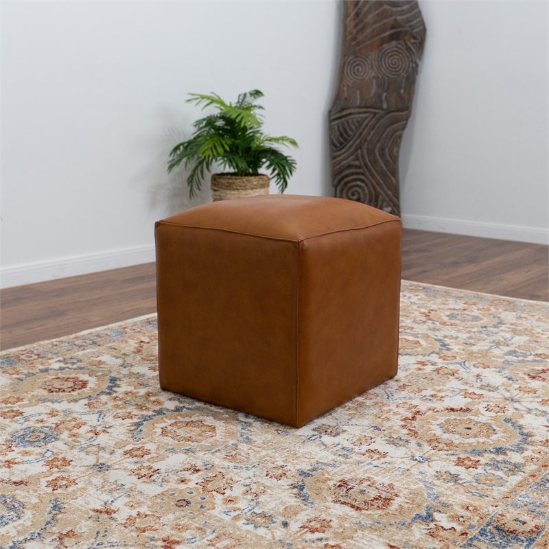 Chambery Mid-Century Modern Design Square Genuine Leather Ottoman in Espresso
