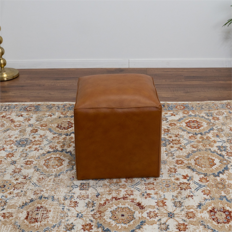 Chambery Mid-Century Modern Design Square Genuine Leather Ottoman in Espresso