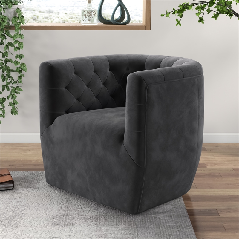 Rose Mid Century Modern Comfy Dark Gray Velvet Swivel Accent Chair