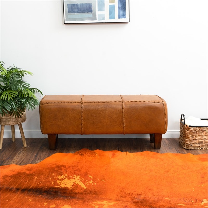 Serena Mid-Century Modern Genuine Leather Upholstered Bench in Tan