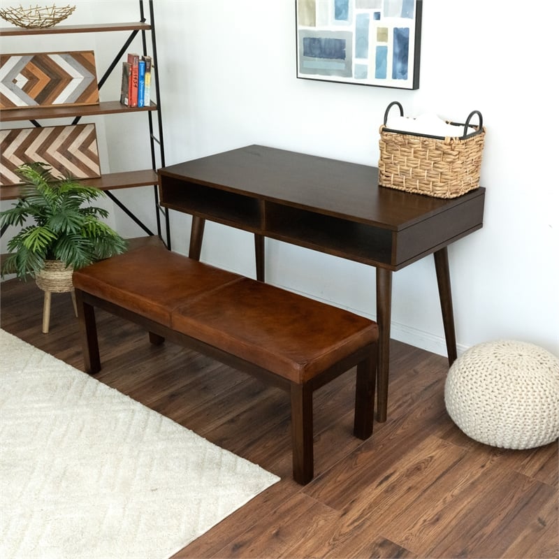 Komodo Mid-Century Modern Stitched Genuine Leather Upholstered Bench in Tan