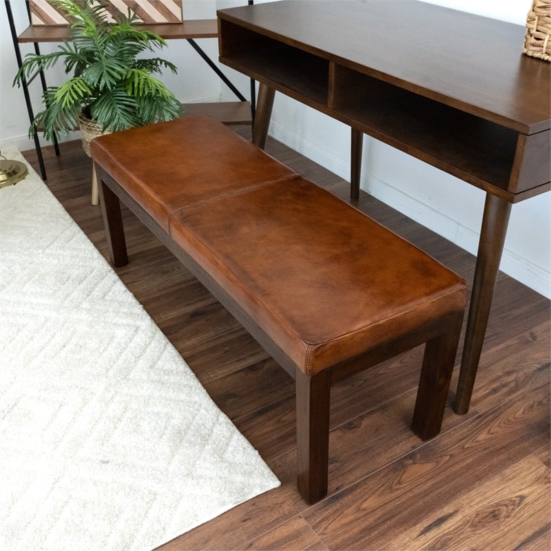 Komodo Mid-Century Modern Stitched Genuine Leather Upholstered Bench in Tan