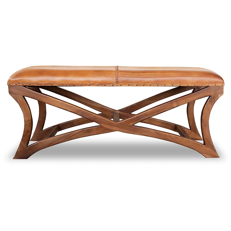 Mid-Century Modern Carter Cognac Brown Genuine Leather Ottoman - ASH9145