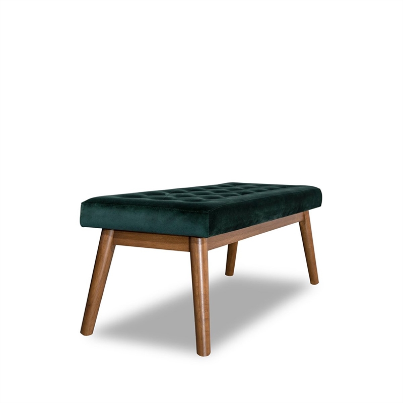 Allen Mid-Century Modern Velvet Button-Tufted Upholstered Bench in Green