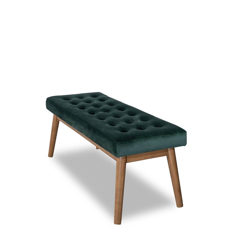 Allen Mid-Century Modern Velvet Button-Tufted Upholstered Bench in Green