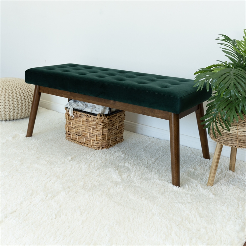 Allen Mid-Century Modern Velvet Button-Tufted Upholstered Bench in Green