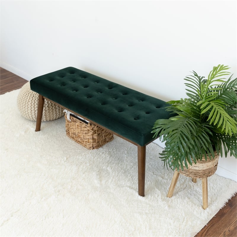 Allen Mid-Century Modern Velvet Button-Tufted Upholstered Bench in Green