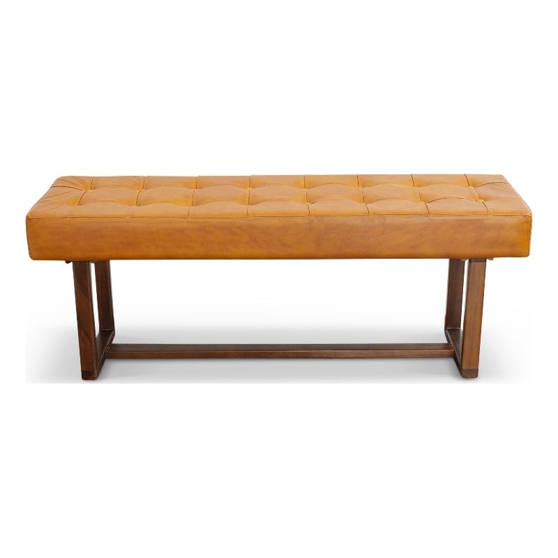 Espresso Mid-Century Modern Rectangular Genuine Leather Bench in Tan