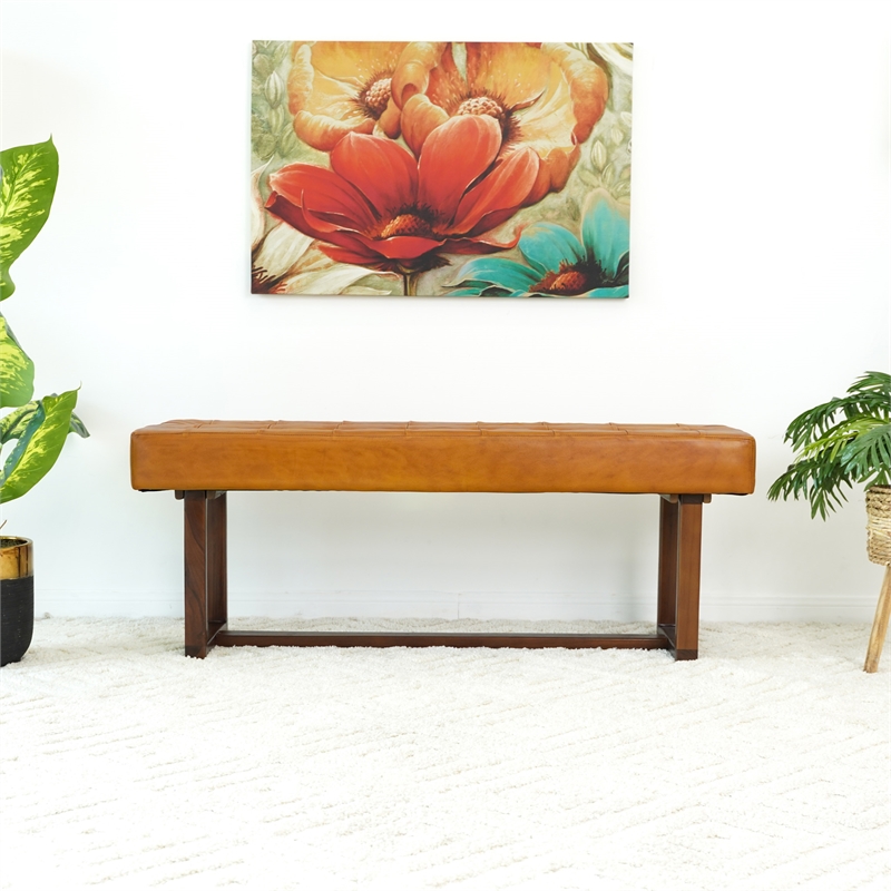 Espresso Mid-Century Modern Rectangular Genuine Leather Bench in Tan