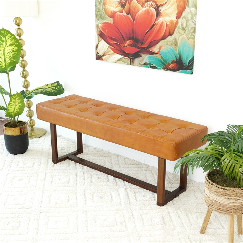 Espresso Mid-Century Modern Rectangular Genuine Leather Bench in Tan