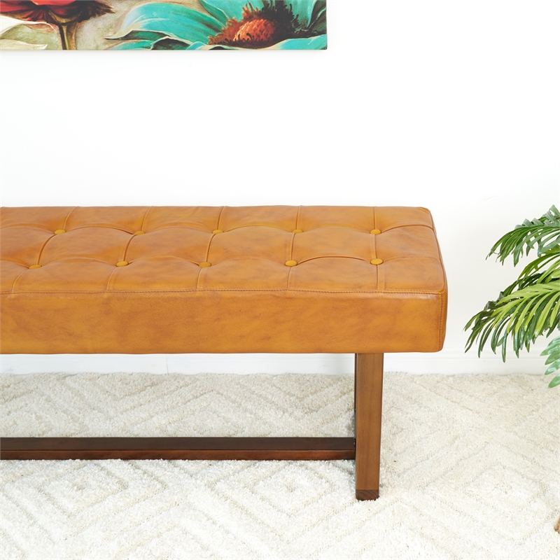 Espresso Mid-Century Modern Rectangular Genuine Leather Bench in Tan