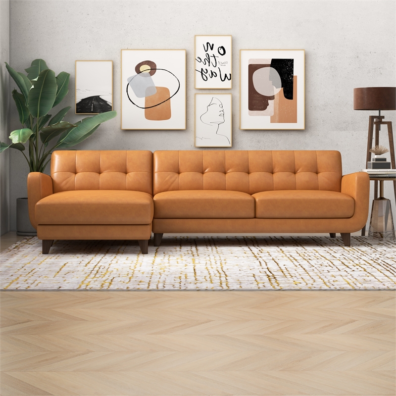 Ashcroft Davis Modern Top Leather Corner Sectional Couch in Tan