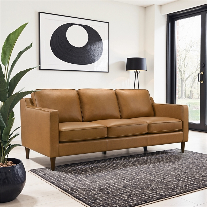 Madison Mid Century Modern Furniture Genuine Leather Couches in Cognac Tan