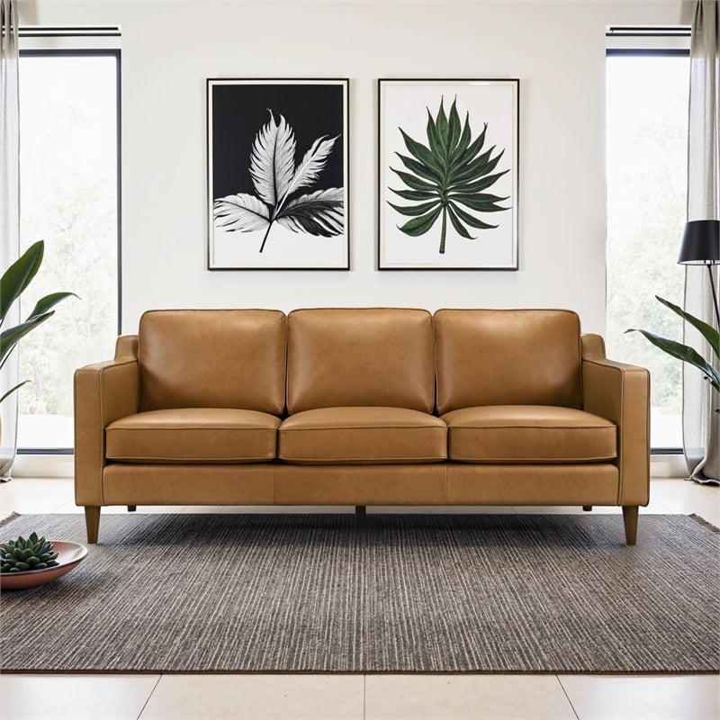 Madison Mid Century Modern Furniture Genuine Leather Couches in Cognac Tan
