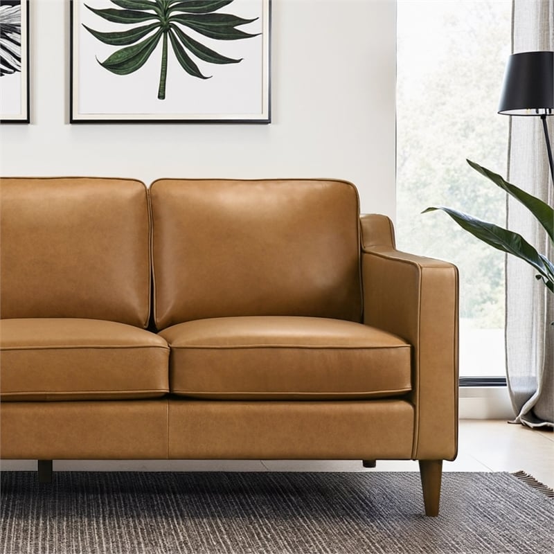 Madison Mid Century Modern Furniture Genuine Leather Couches in Cognac Tan