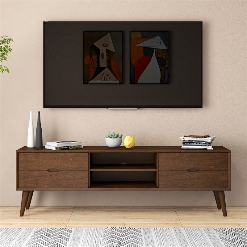 Lennon Mid Century Modern Brown Wood TV Stand with 6 Storage Cabinet