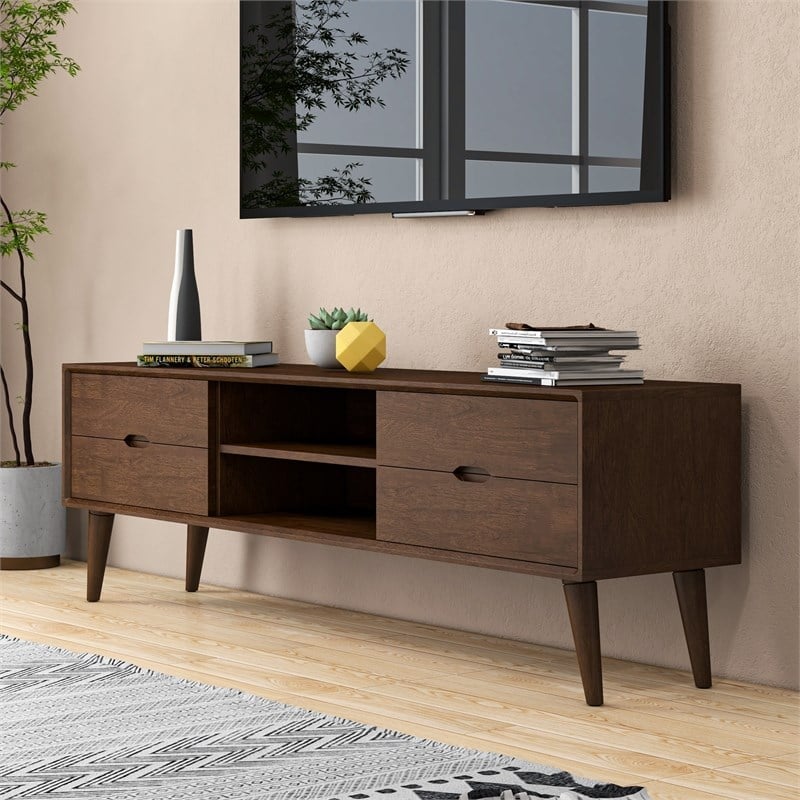 Lennon Mid Century Modern Brown Wood TV Stand with 6 Storage Cabinet
