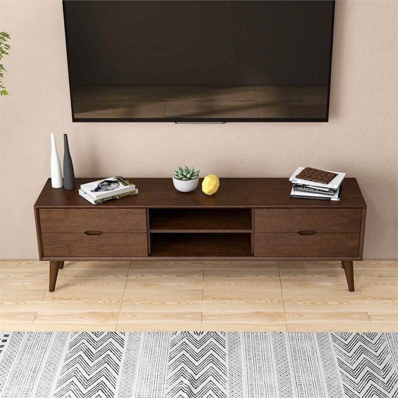 Lennon Mid Century Modern Brown Wood TV Stand with 6 Storage Cabinet