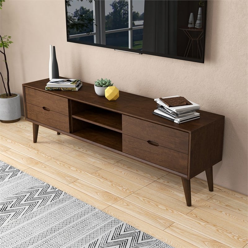 Lennon Mid Century Modern Brown Wood TV Stand with 6 Storage Cabinet
