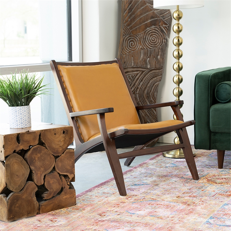 MidCentury Modern Margot Light Tan Genuine Leather Accent Chair ASH4726