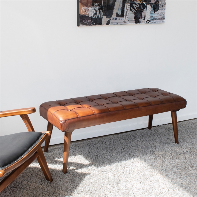 MidCentury Modern Benji Cognac/ Tan Genuine Leather Bench ASH9100