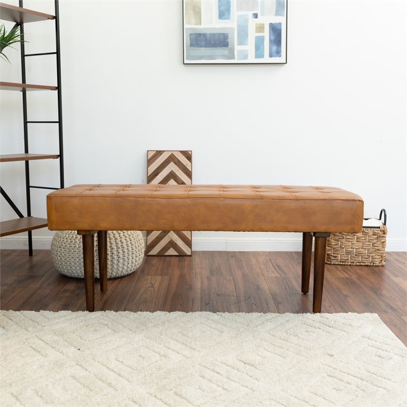 Benji Mid-Century Modern Rectangular Genuine Leather Upholstered Bench in Tan